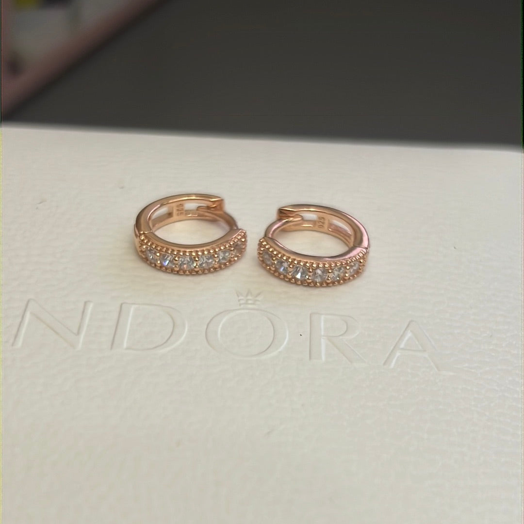 Sterling Silver Rose Plated Pave Small Hoop Earrings