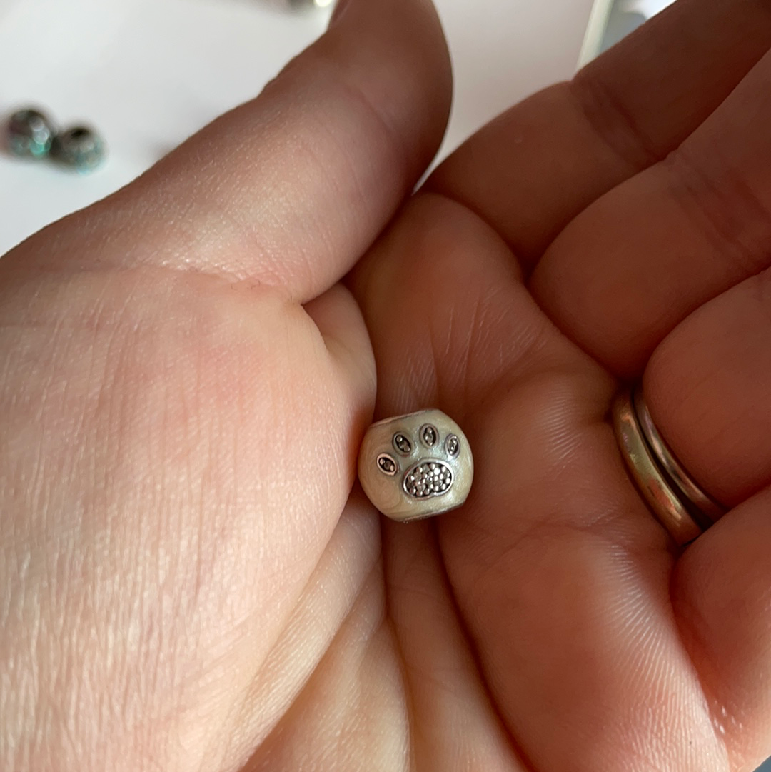 Genuine Pandora Clear Pave Sparkle Paw Print Charm With Cream Enamel With Shimmer and Pave Heart