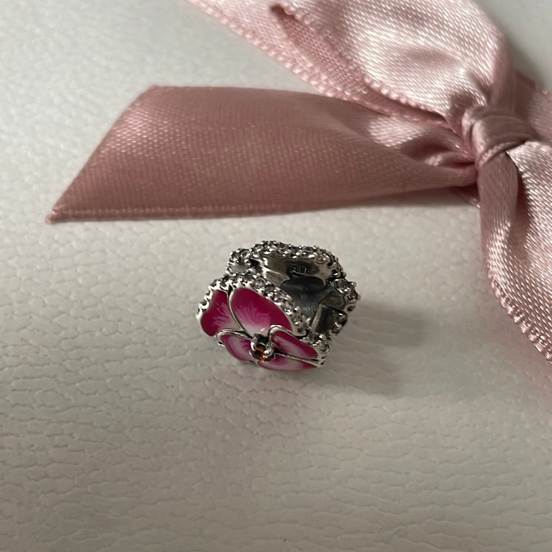Genuine Pandora Pink Pansy Flower Pave and Enamel Charm