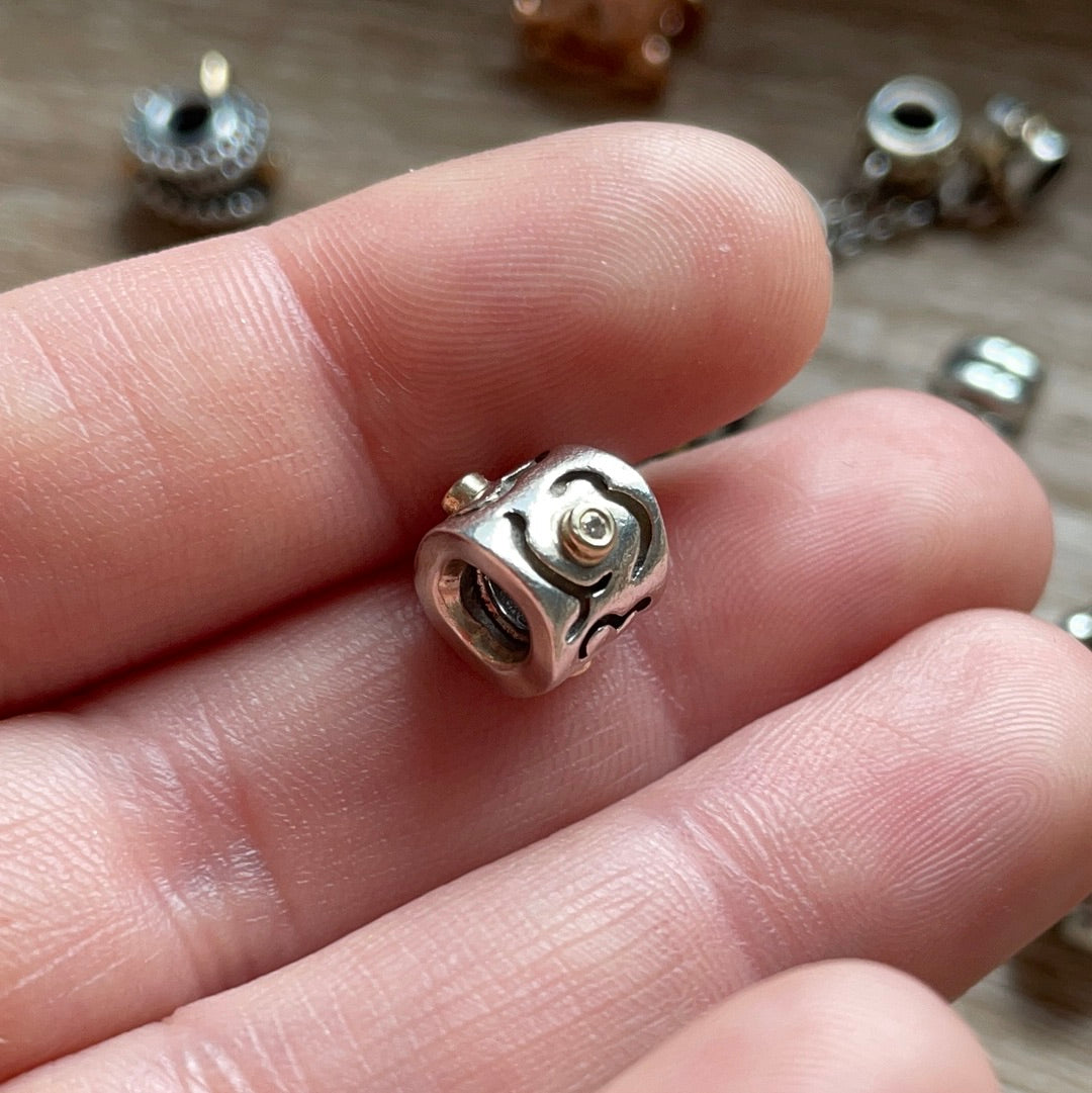 Genuine Pandora RARE HTF Two Tone Oxidised Flower Diamond Charm