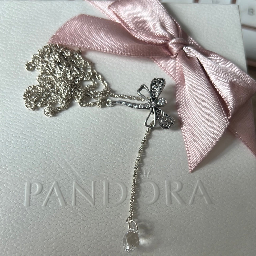 Genuine Pandora Rare HTF  Dragonfly Pendant Adjustable Chain CZ Dangle