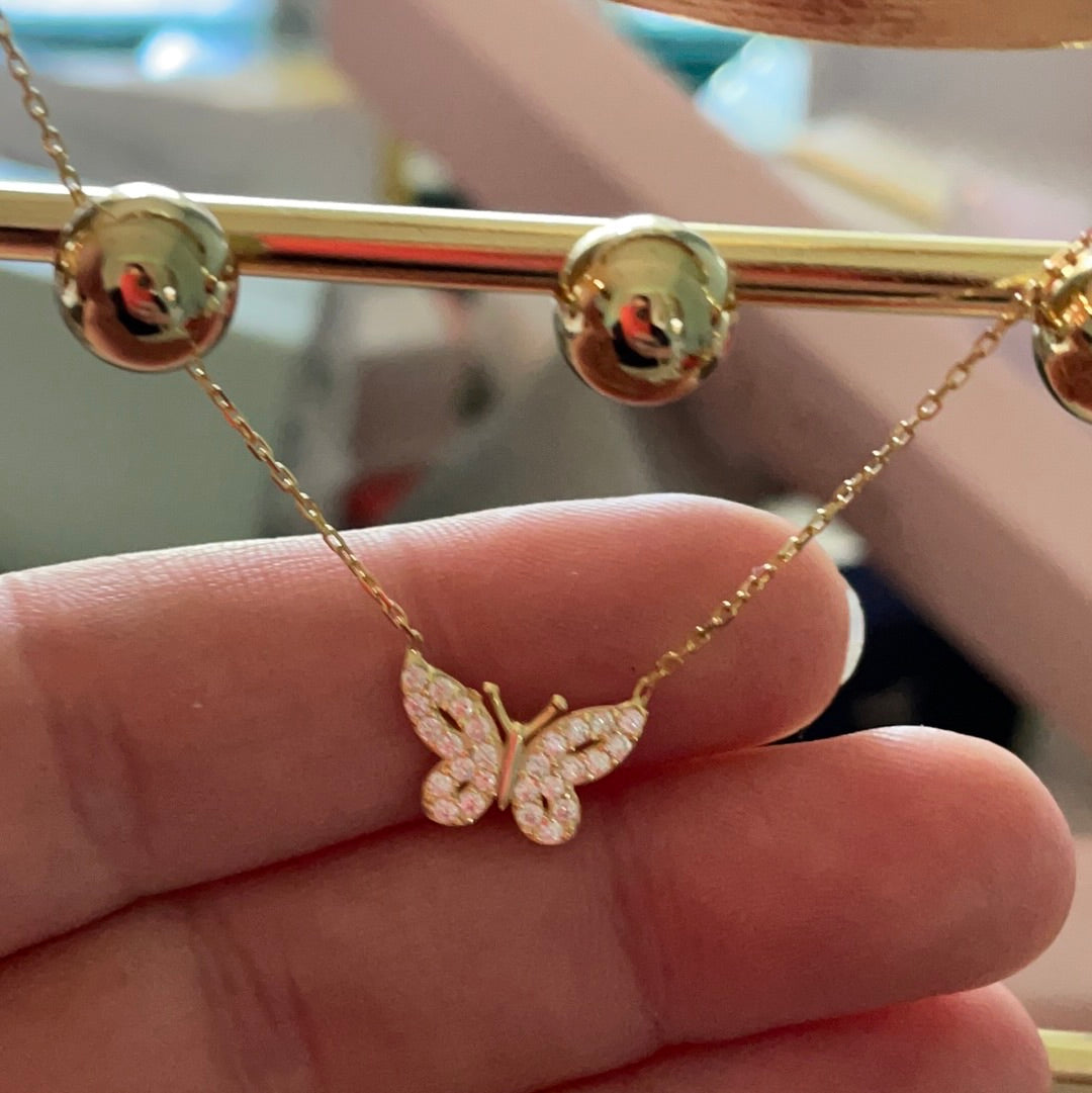 Brand New Pave CZ Gold Plated Openwork Butterfly Protection Sterling Silver Necklace