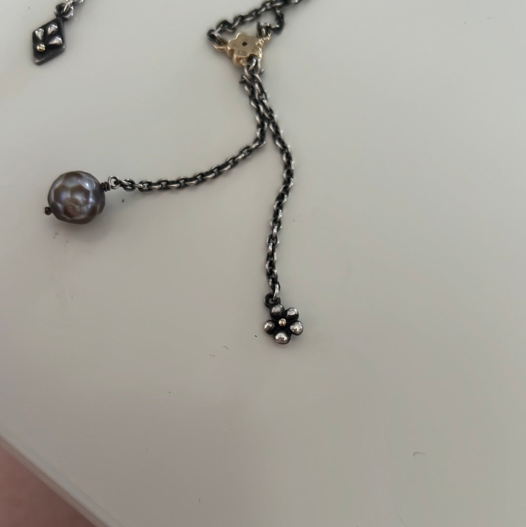 Genuine Pandora Rare Two Tone & Diamond Flower Faceted Grey Pearl Hyper Rare Necklace