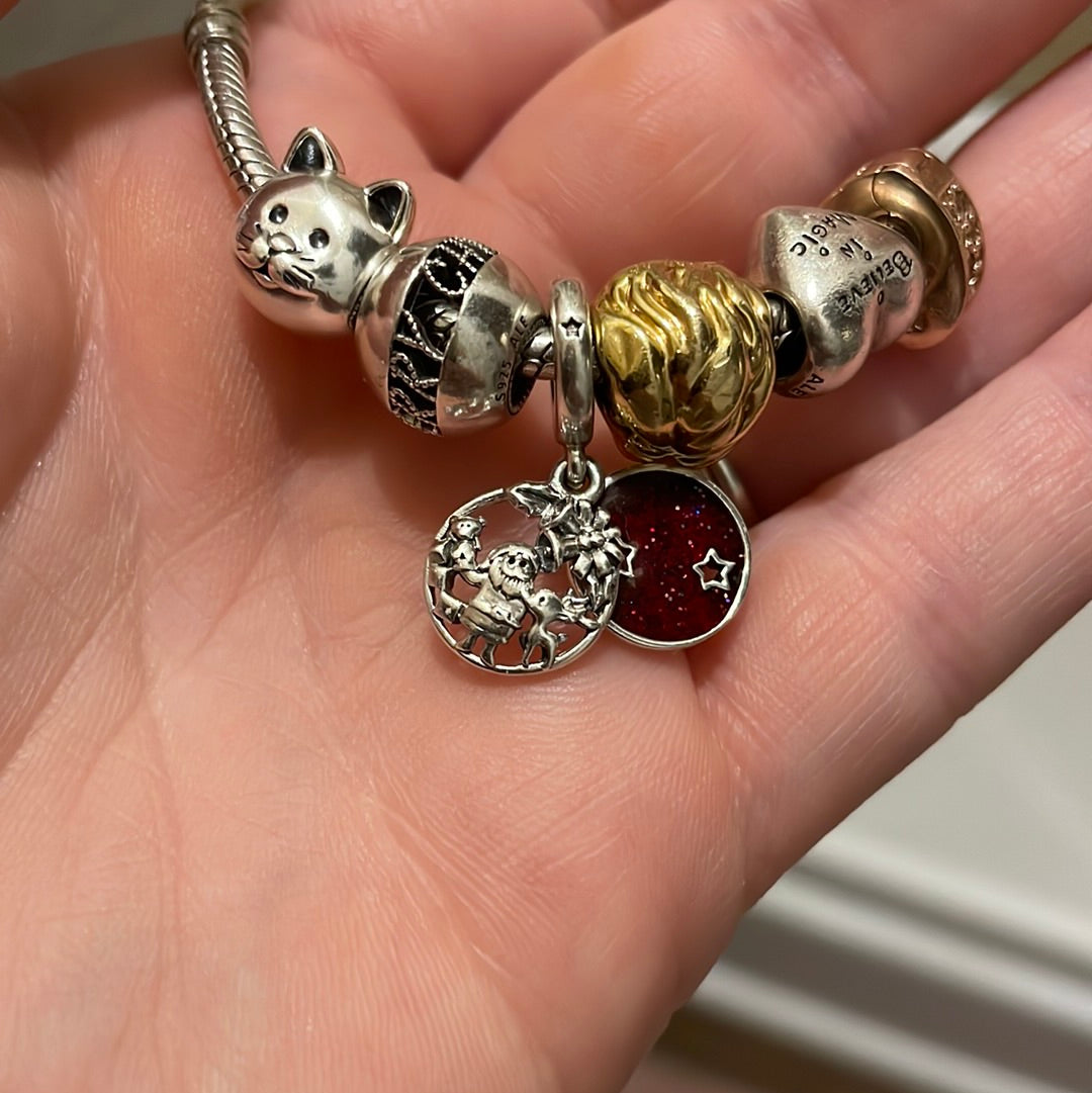 Genuine Pandora Santa and Rudolph Merry Christmas Scene with Enamel Background Dangle