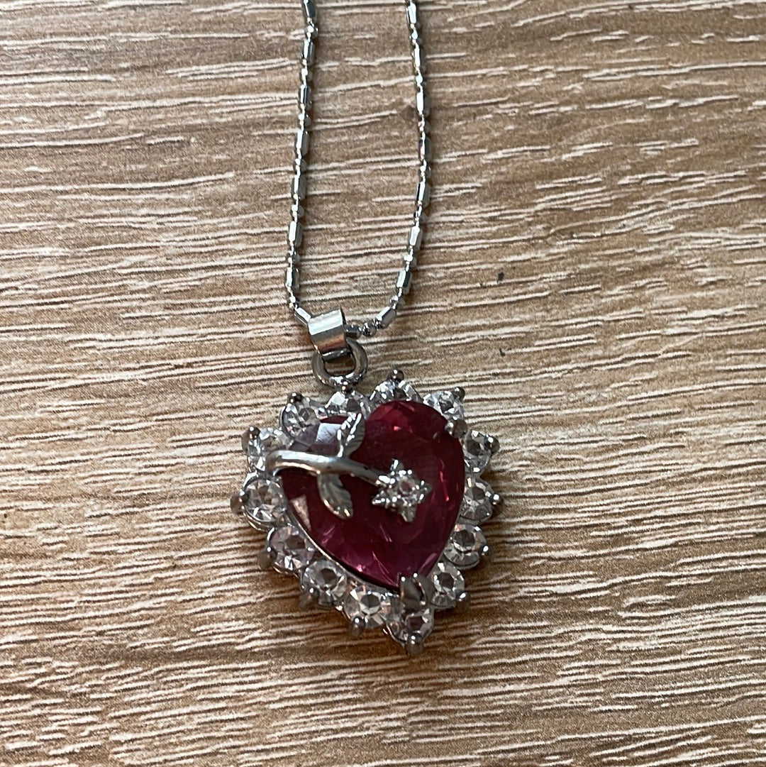 Unbranded Sterling Silver Necklace With CZ Cushioned Large Red Heart Shaped Stone Necklace With Pave Rose