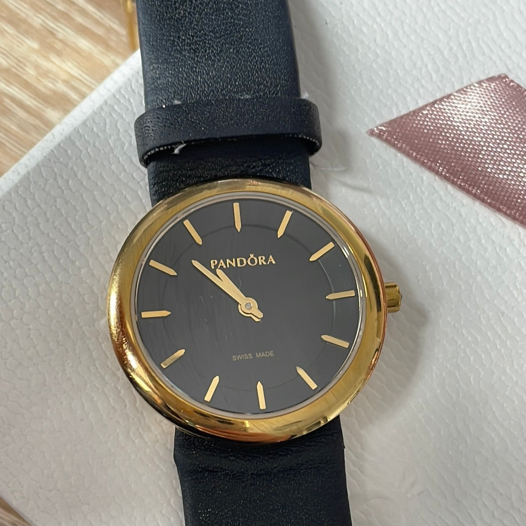 Genuine Pandora Gold Plated Hardware Black Crown Diamond Pure 8120158K Watch with Navy Leather Strap