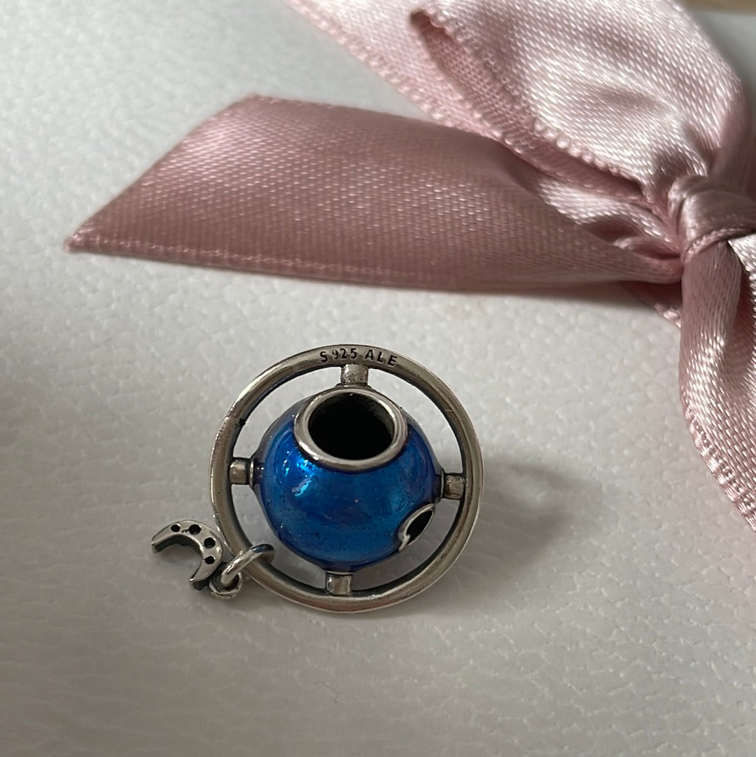 Genuine Pandora Planet of love Blue Enamel Pave Moon Dangle Exclusive charm