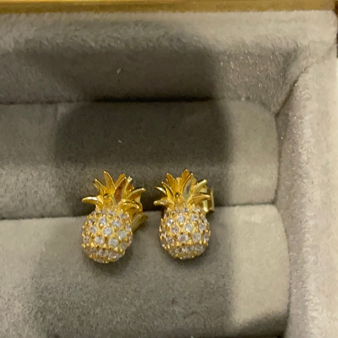 Brand New Sterling Silver Gold Plated Pave Pineapple Earrings Beautiful