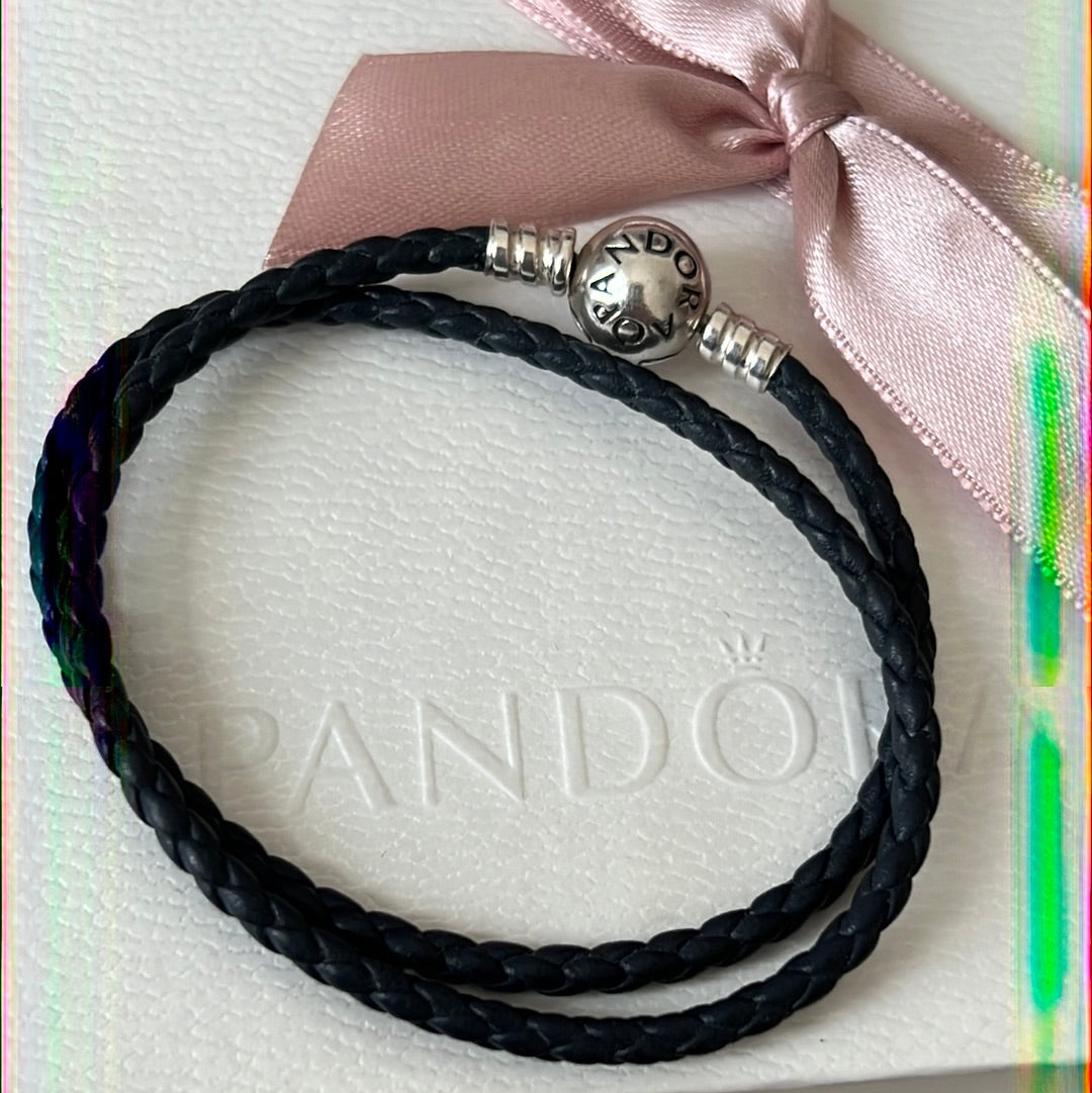 Genuine Pandora Blue/ Black Leather Double Wrap Bracelet