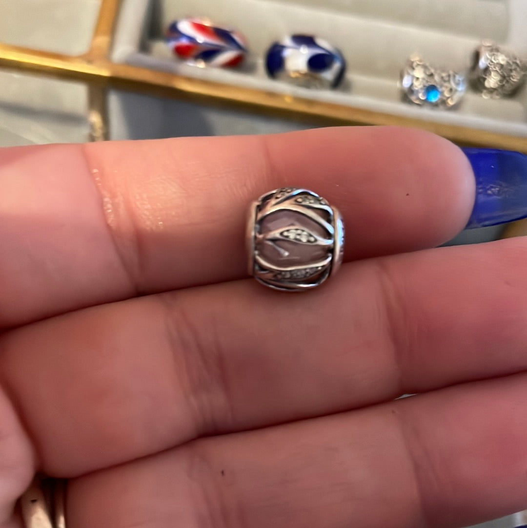 Genuine Pandora Pink Faceted Murano Encased in Nature Leaf Pave Leaves Glass Silver Charm