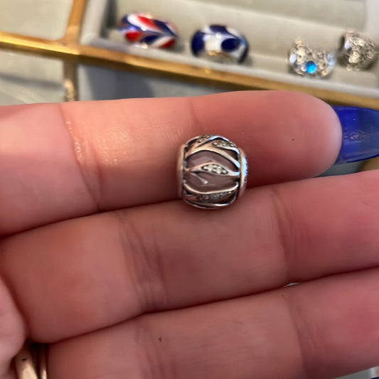Genuine Pandora Pink Faceted Murano Encased in Nature Leaf Pave Leaves Glass Silver Charm