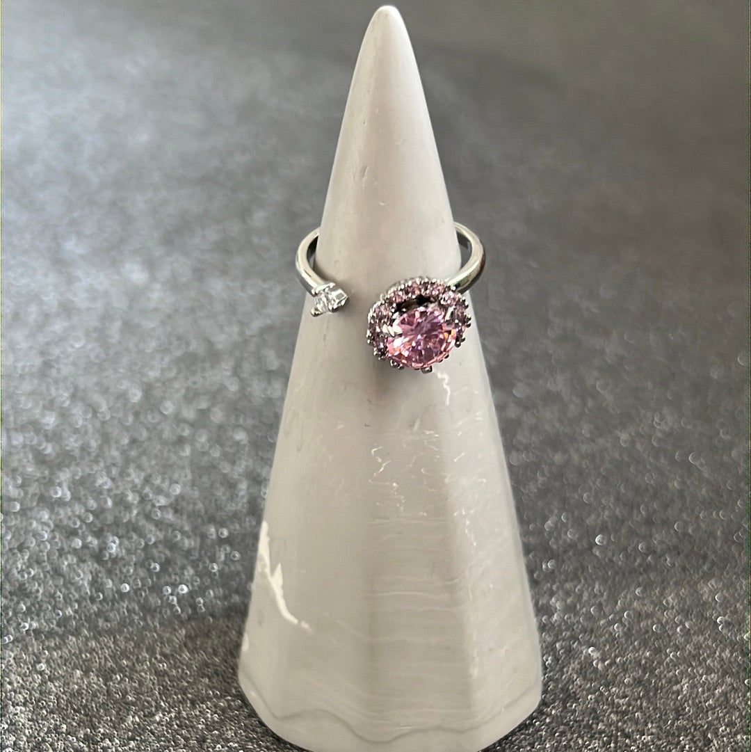 Beautiful Adjustable Anxiety Spinning Ring - Large Pink Stone and Clear Pave Decoration