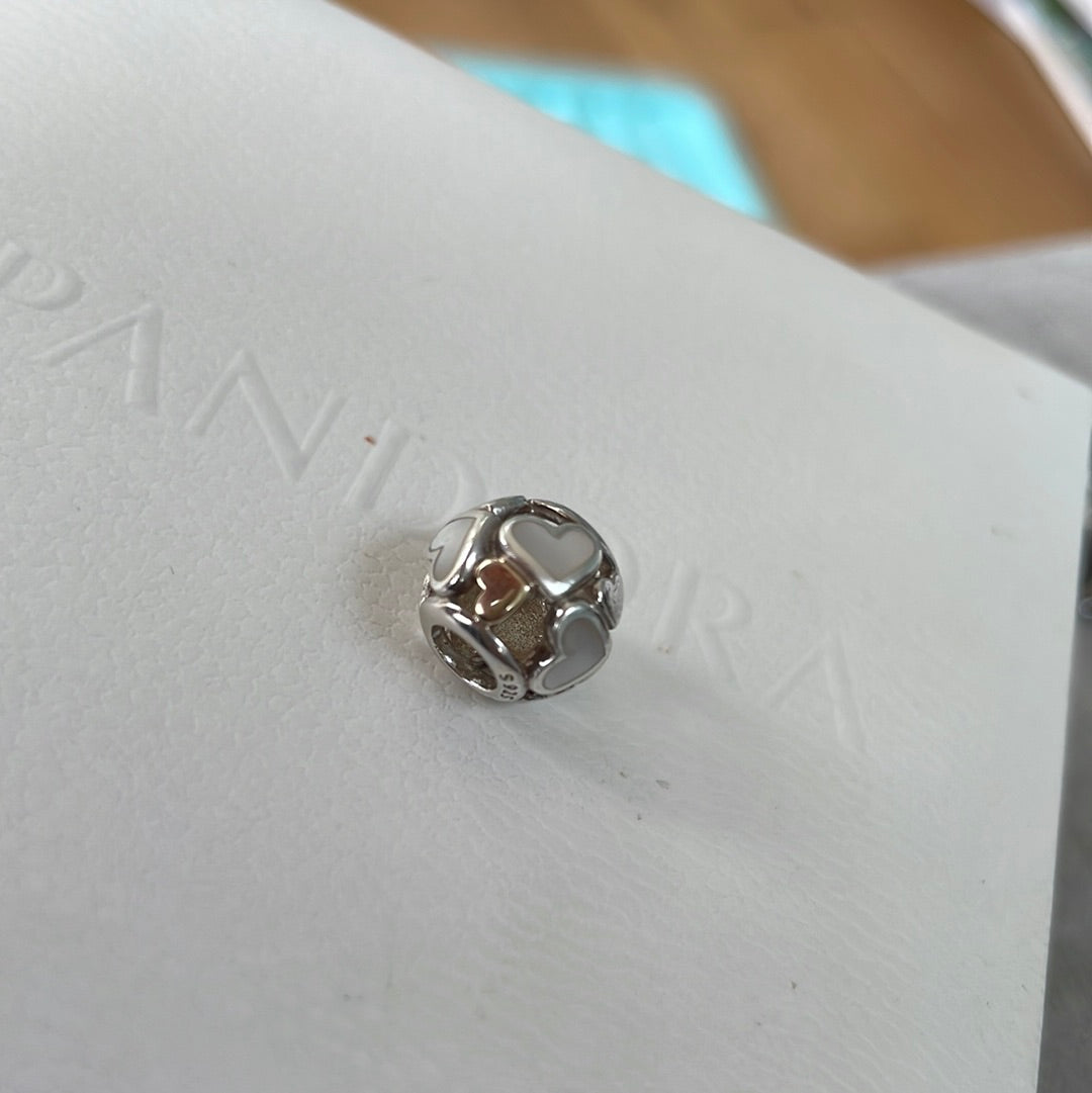 Genuine Pandora Mother of Pearl and Two Tone Openwork Heart Charm