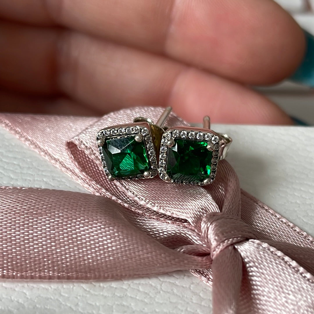 Genuine Pandora Pave Green Square Stone Sparkle Studs Earrings