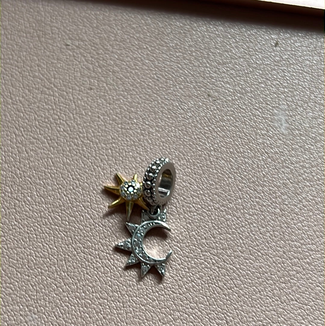 Sterling Silver Two Tone Pave Moon and Star Dangle