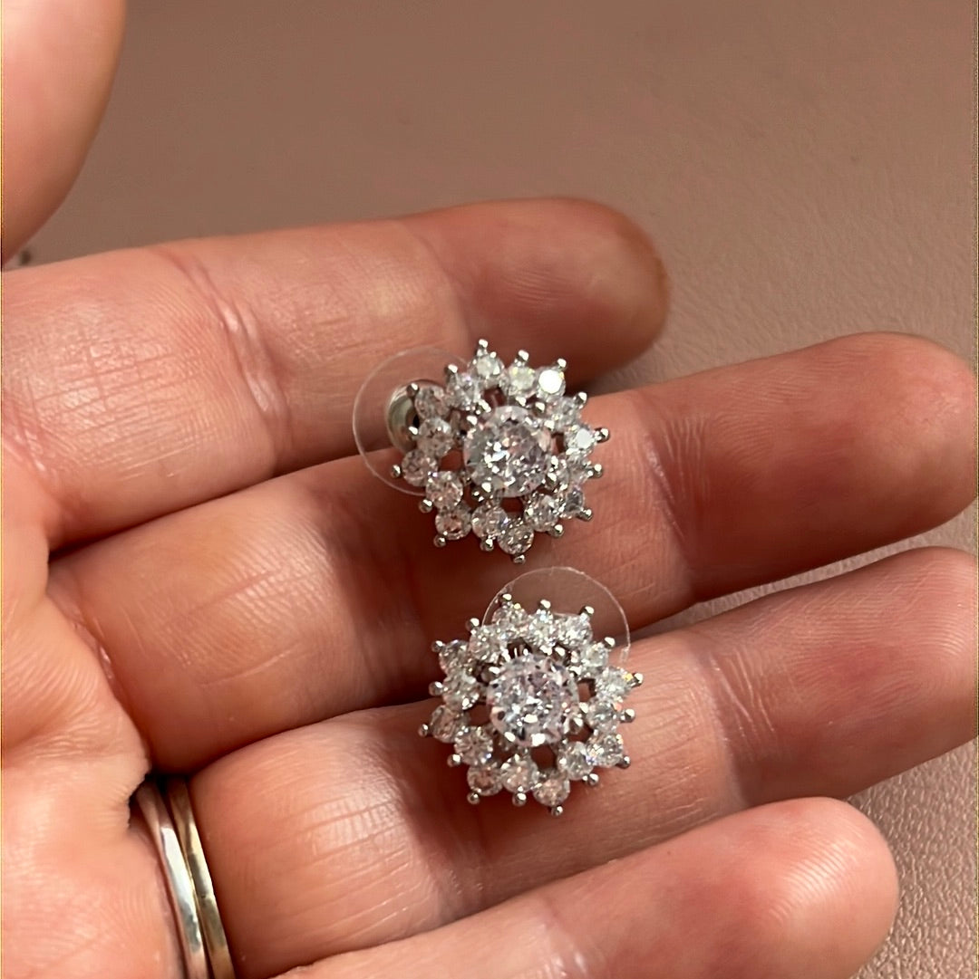 Brand New Sterling Silver Posts Large Sparkling CZ Pave Flower Earrings Beautiful!