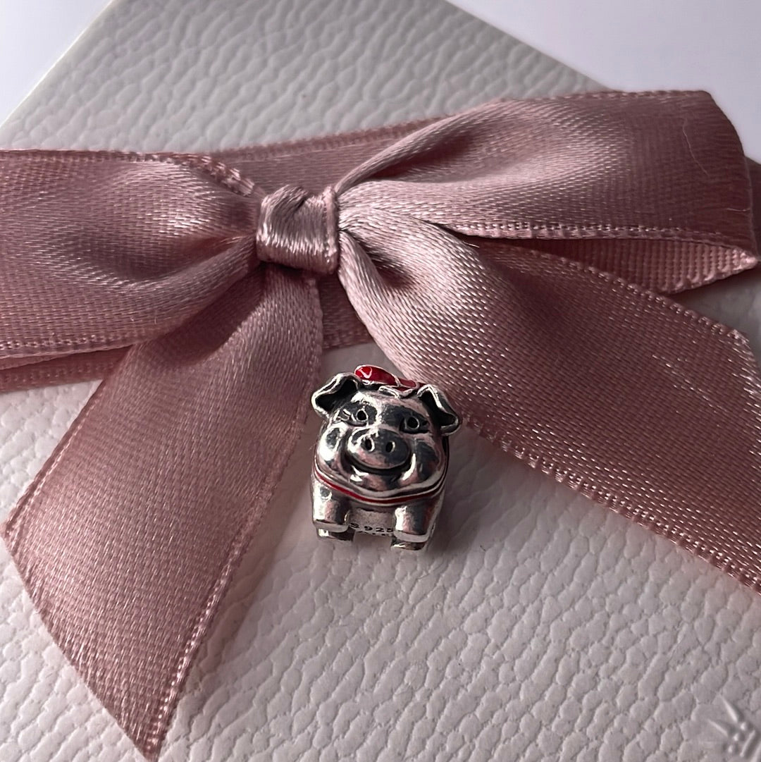 Genuine Pandora Pig with Enamel Bow Chinese Piggy Bank Rare