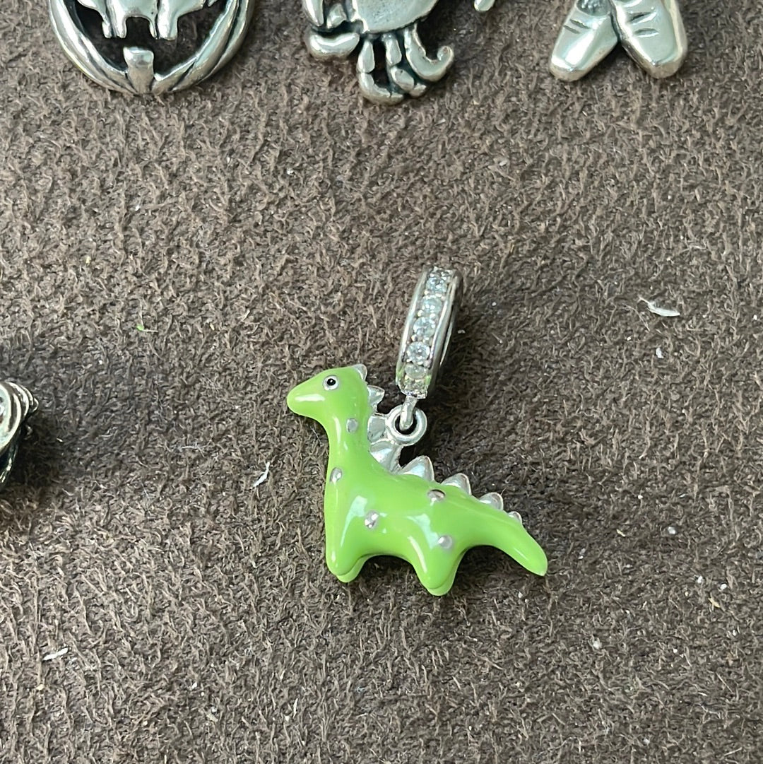 Sterling Silver Enamel Green Dinosaur Dangle Charm