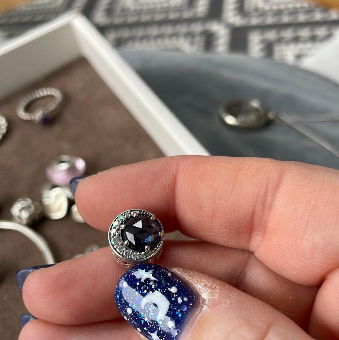 Genuine Pandora Moon Pave Moon and Faceted Blue Stars Openwork Celestial Charm