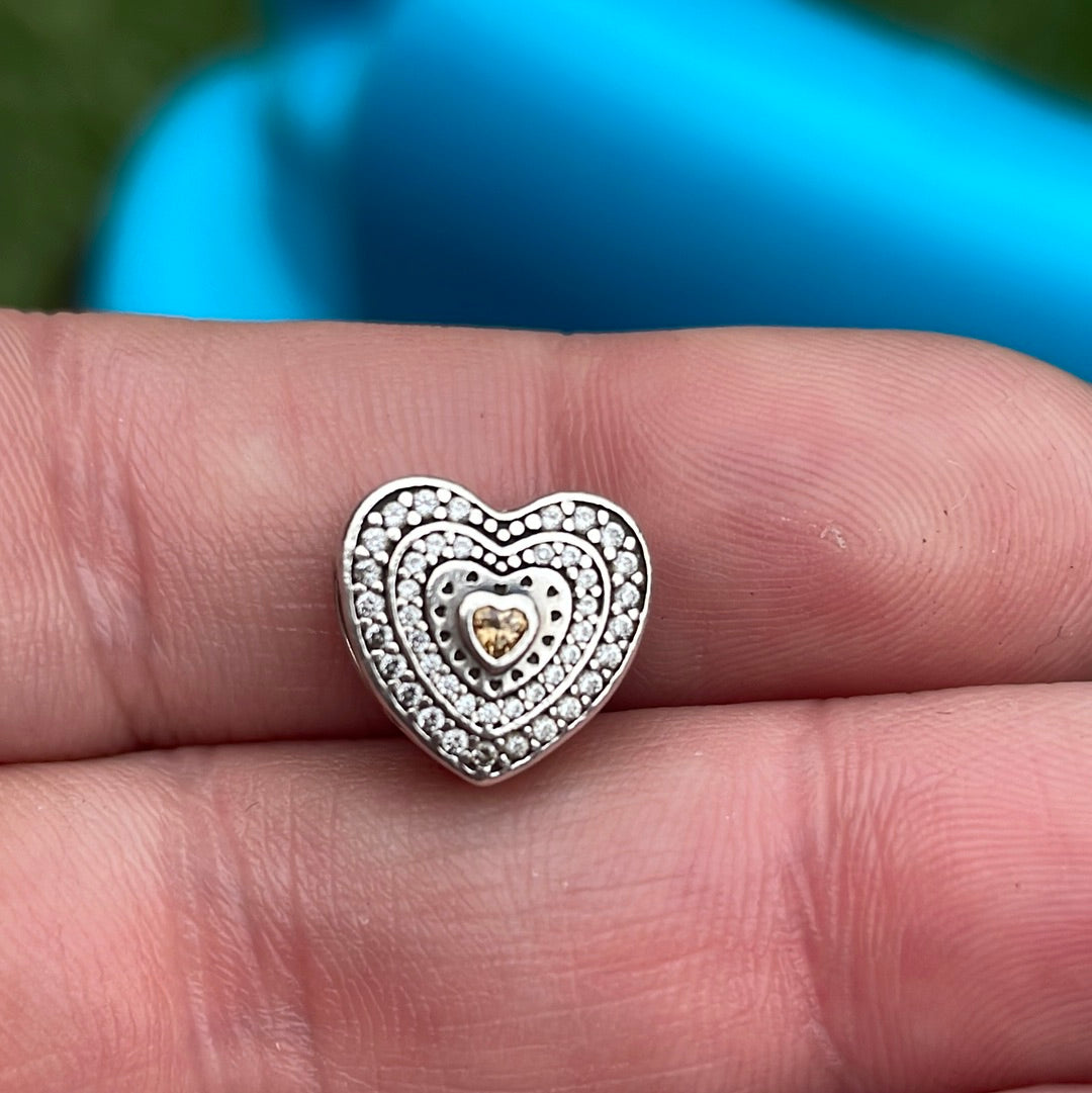 Genuine Pandora Pave Levelled Heart With Gold CZ Charm