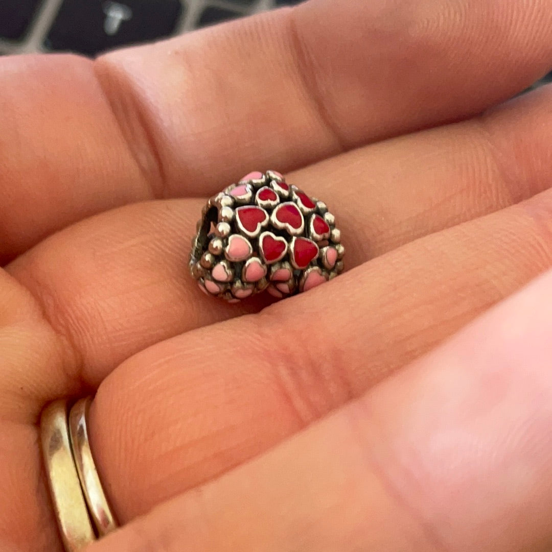 Genuine Pandora Light Pink and Red Enamel Hearts on an Openwork Heart Charm