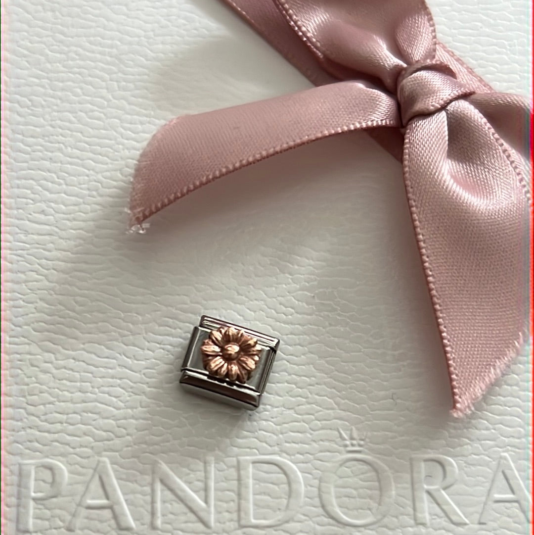 Genuine Nominations Silver Link Charm Rose Gold Accent Daisy Flower