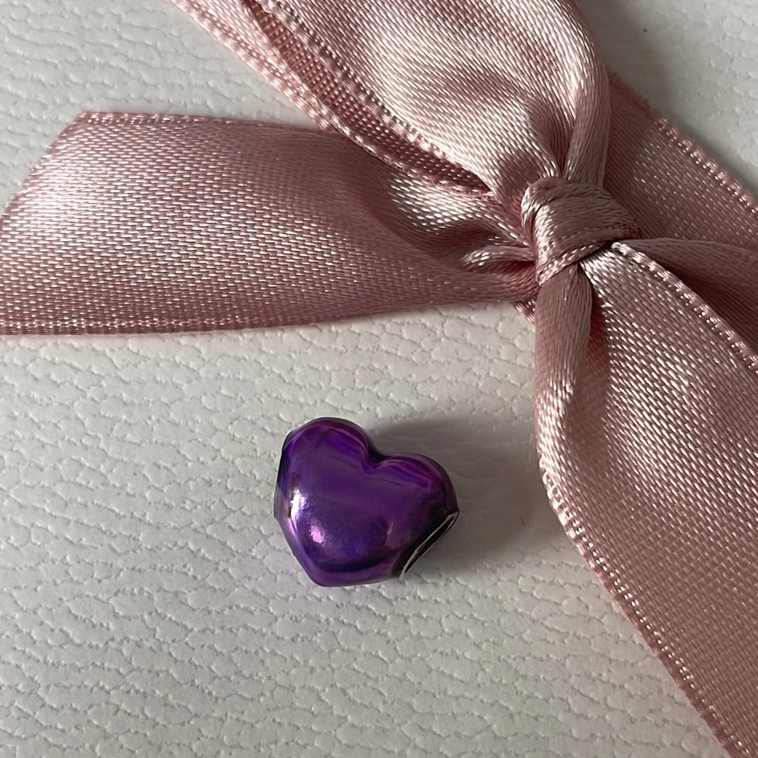 Genuine Pandora Purple Shiny Enamel Heart Charm with Slight Sparkle