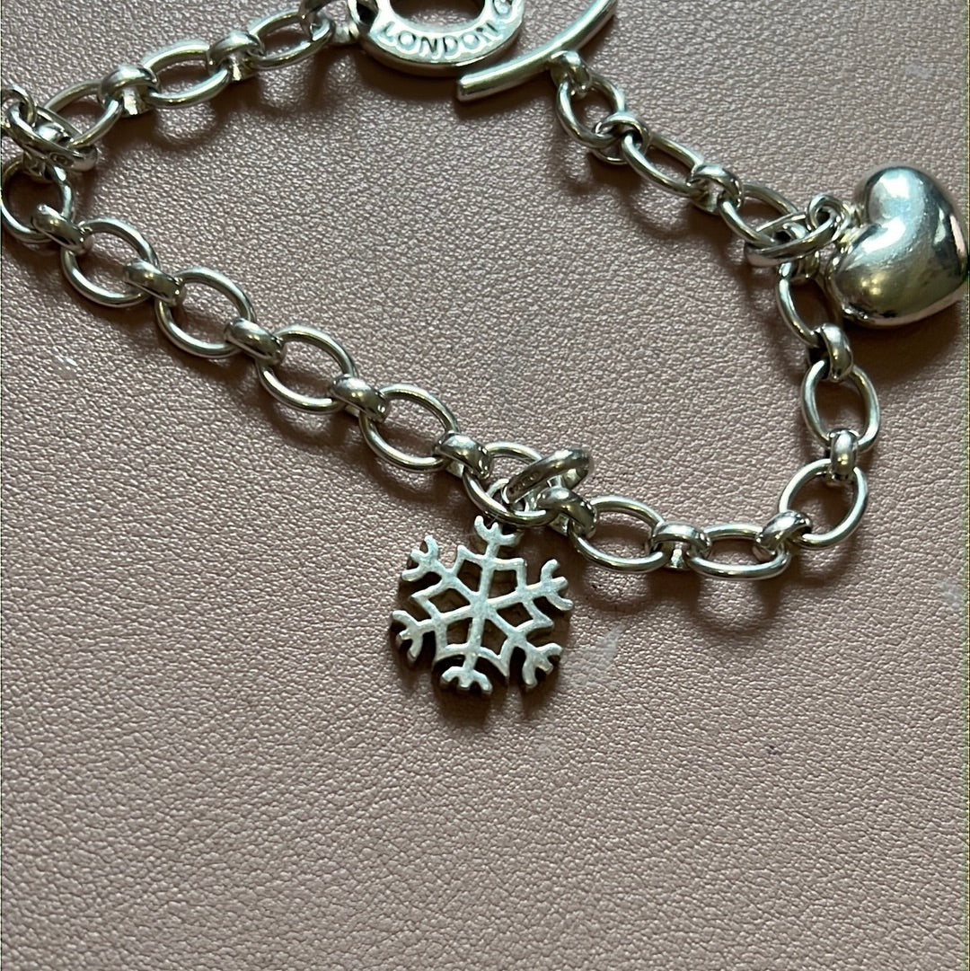 Genuine Links of London Sterling Silver T-Bar Charm Bracelet With 3 Non Removable Charms