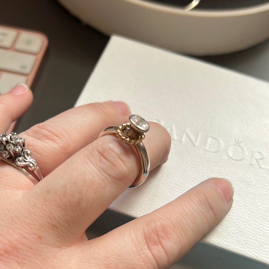 Pandora VERY RARE Vintage Clear Stone Ring Rare with 14K Twisted Gold Hoop Circle 51