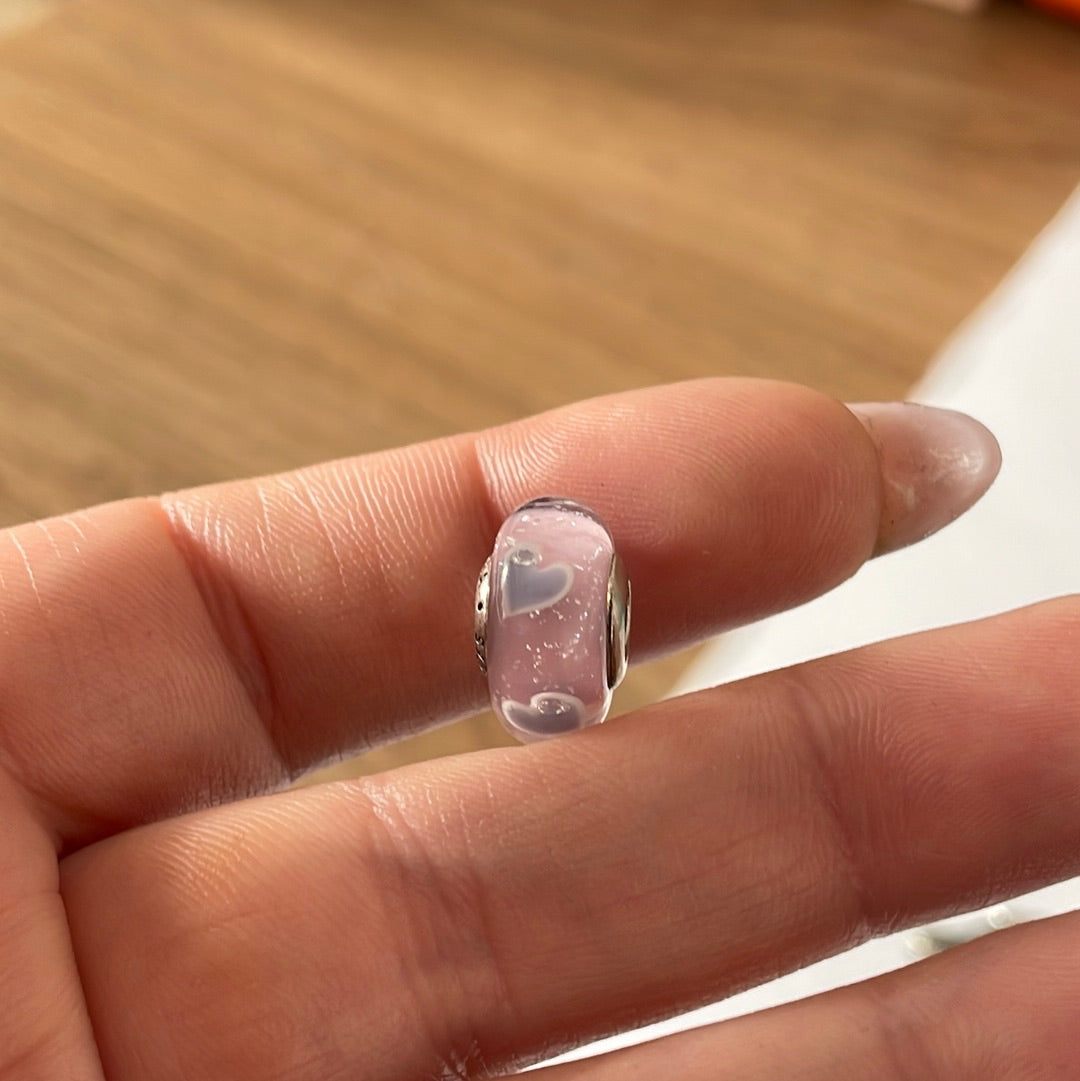 Genuine Pandora Pink Murano With Sparkle and Lilac hearts Charm