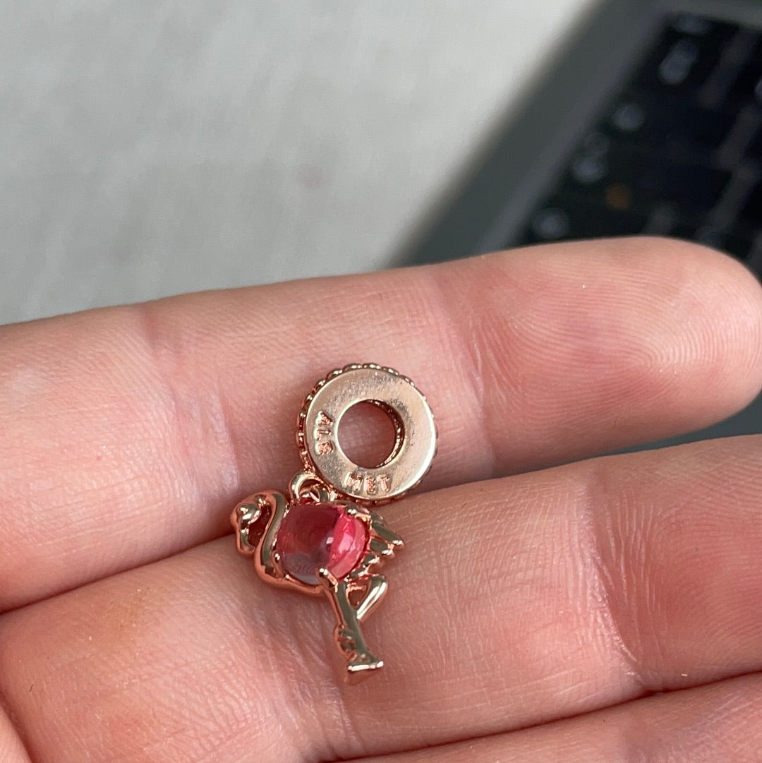 Genuine Pandora Rose Gold Summer Enamel Dangle Pink Stone Flamingo Charm