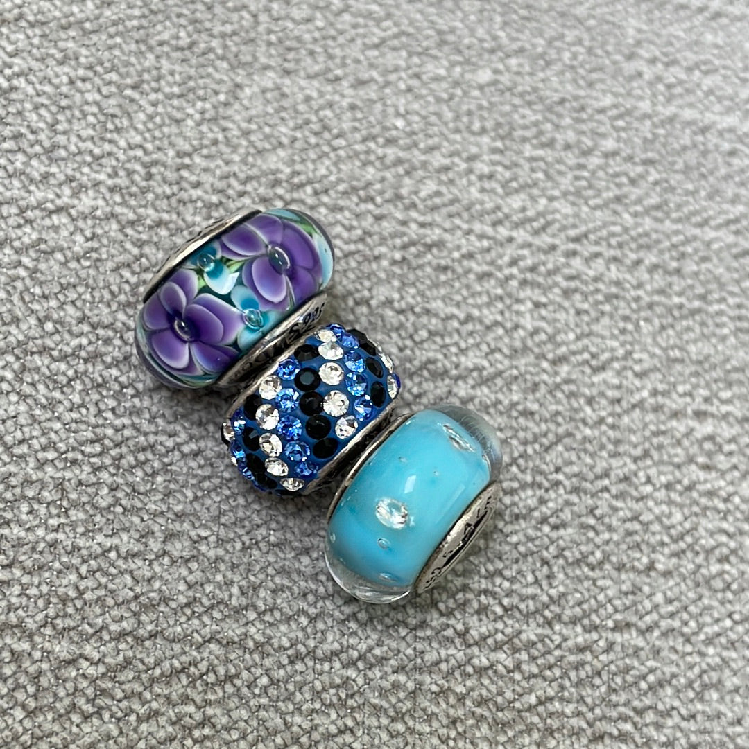 Bundle of Sterling Silver Blue Pave Purple Flower Charms x3 Will fit moments