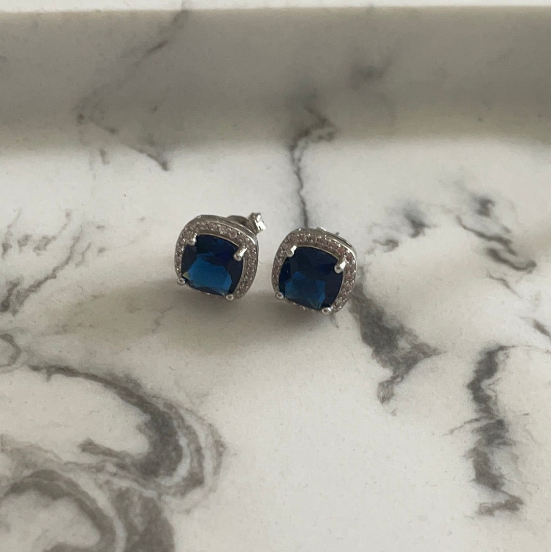 Brand New Sterling Silver CZ Blue Large Stone Pave Studs Beautiful