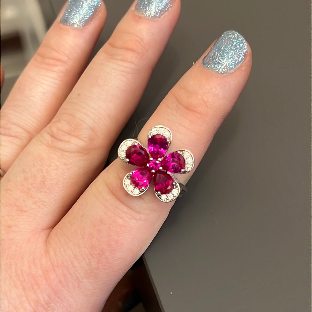 Sterling Silver Pave Clear & Pink Flower Ring Size 52