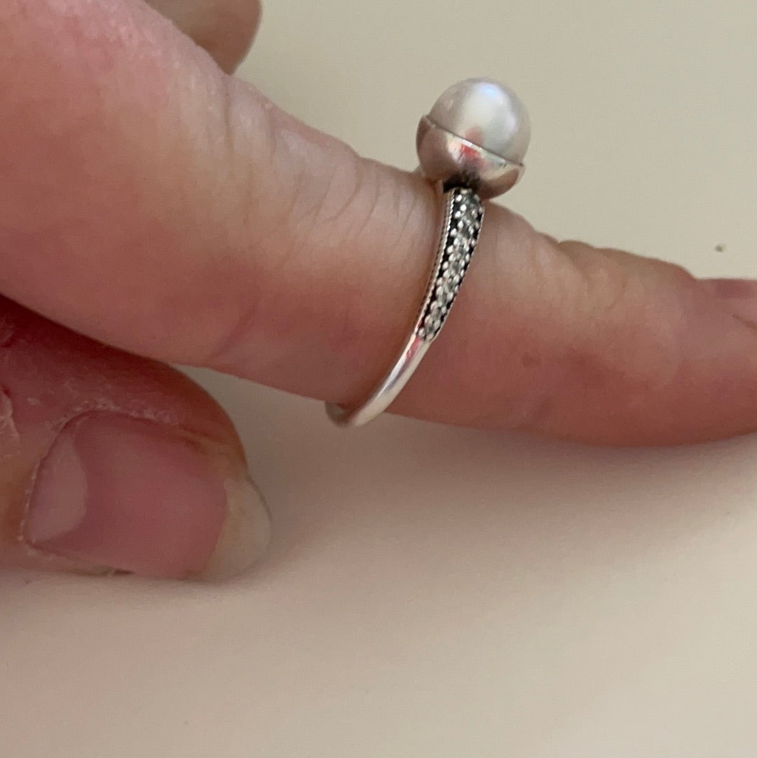 Genuine Pandora Pave and Pearl Ring CZ Size ..