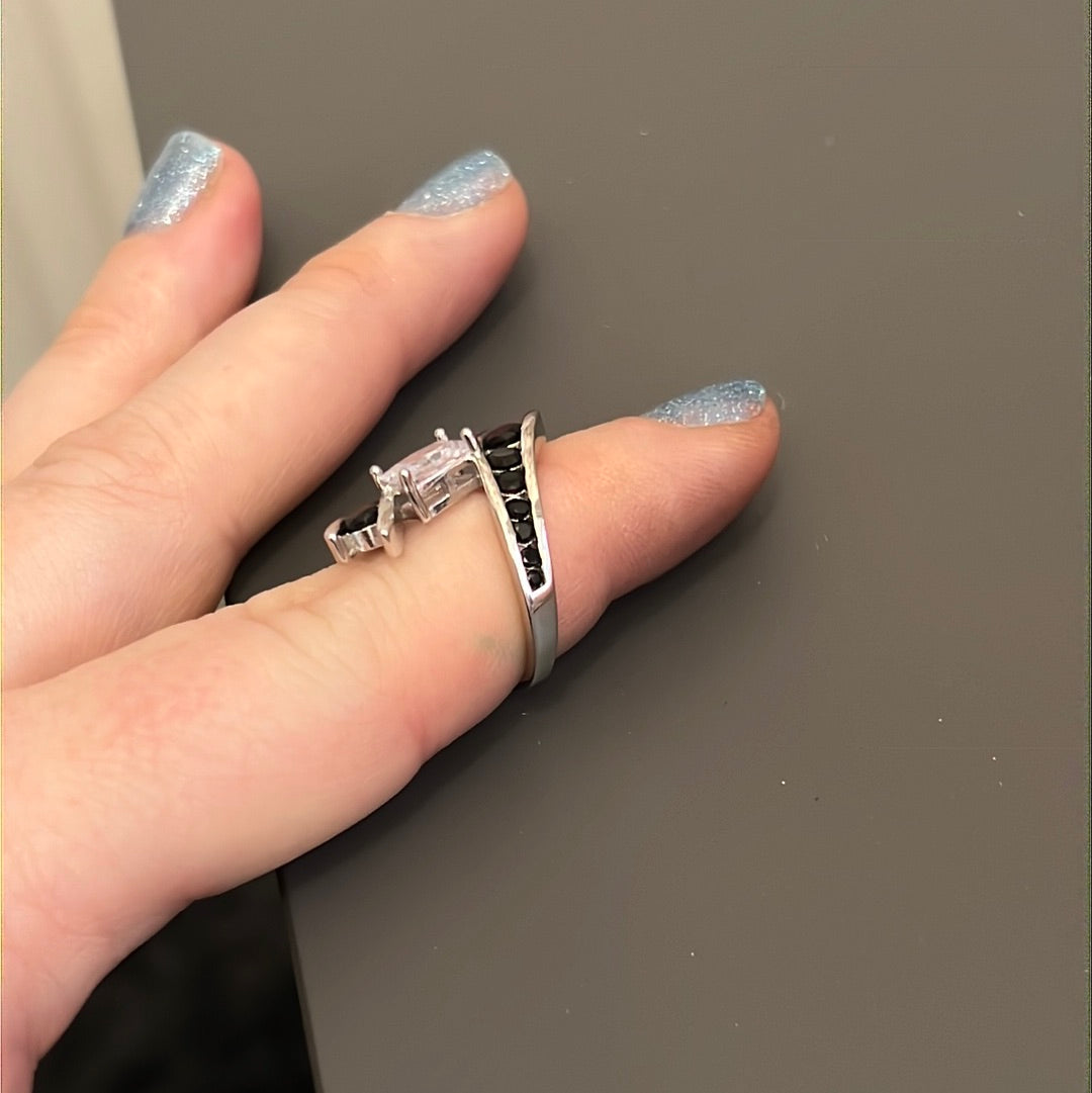 Sterling Silver Pave and CZ Black and Clear Crossover Ring Size..