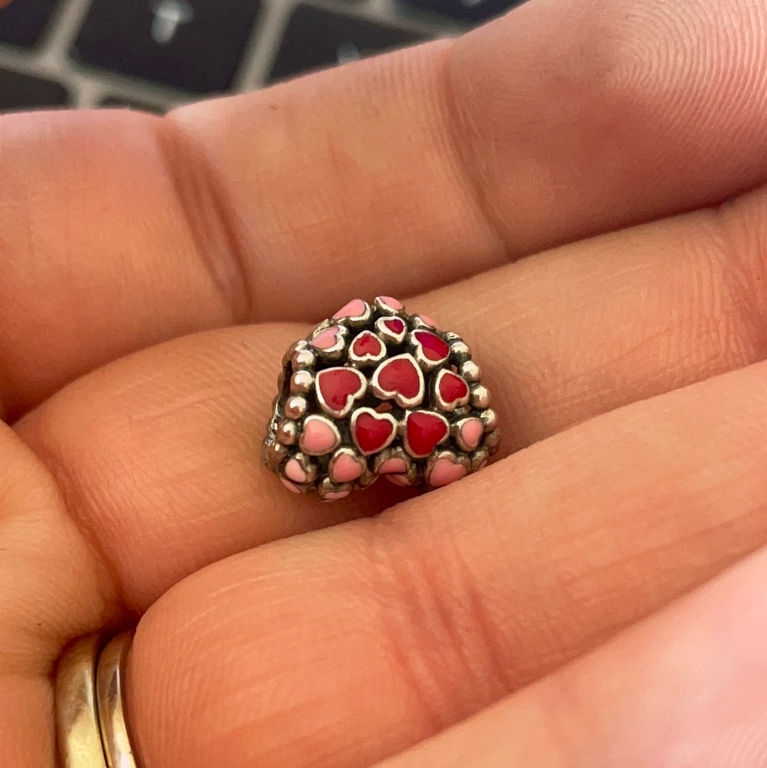 Genuine Pandora Light Pink and Red Enamel Hearts on an Openwork Heart Charm