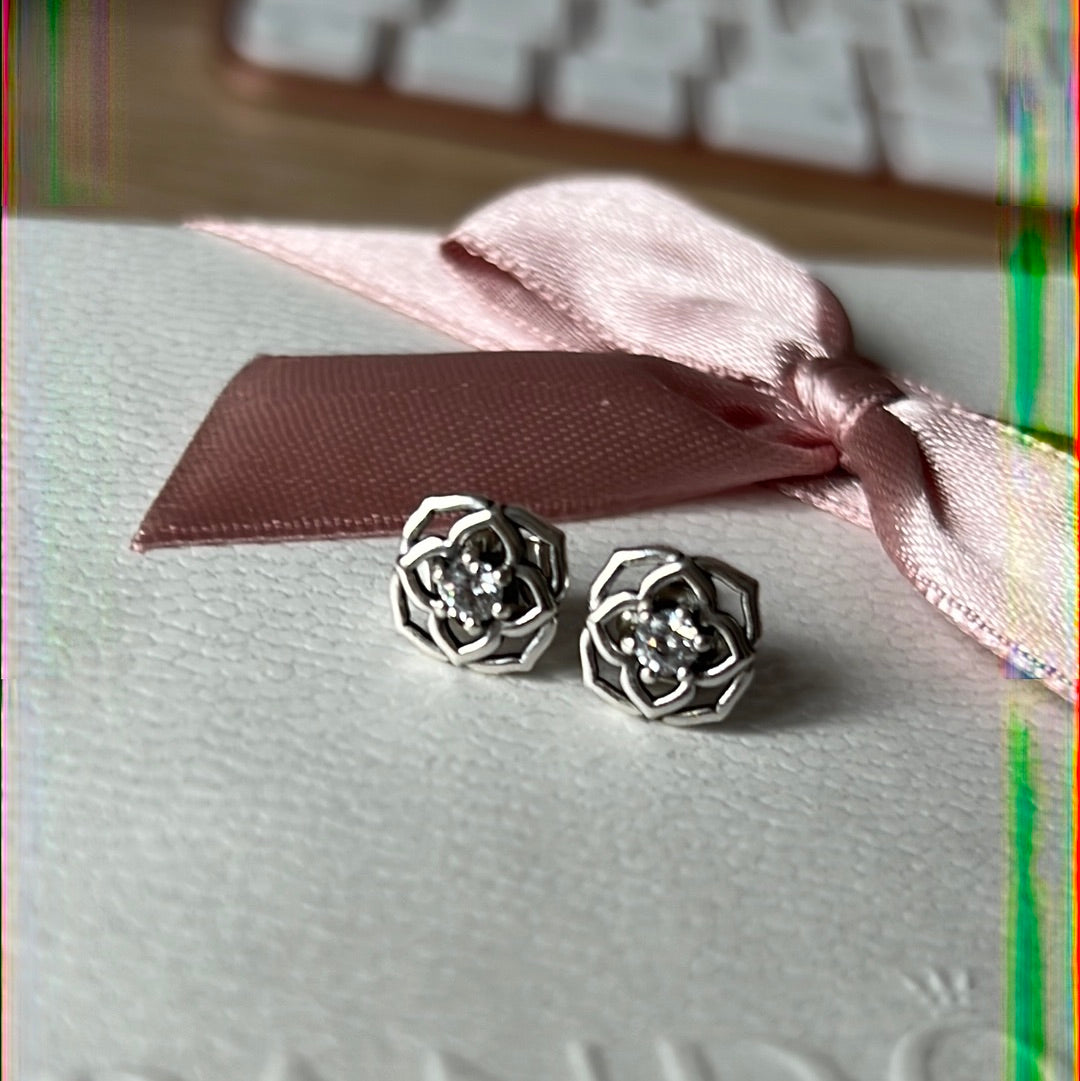 Genuine Pandora New Style Open Oriental Flower Rose Earrings