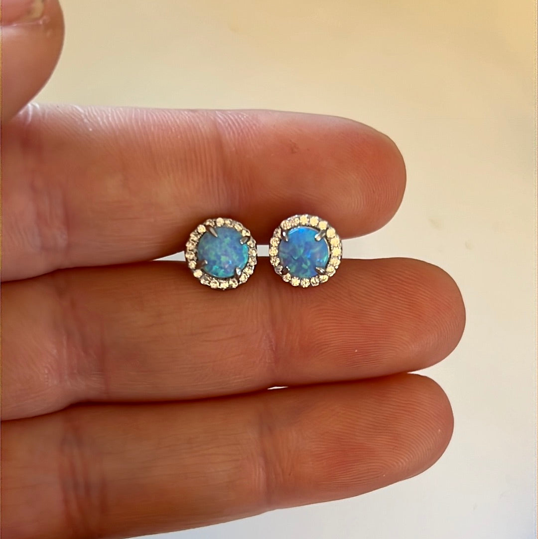 Sterling Silver Beautiful Blue Opal and CZ Earrings