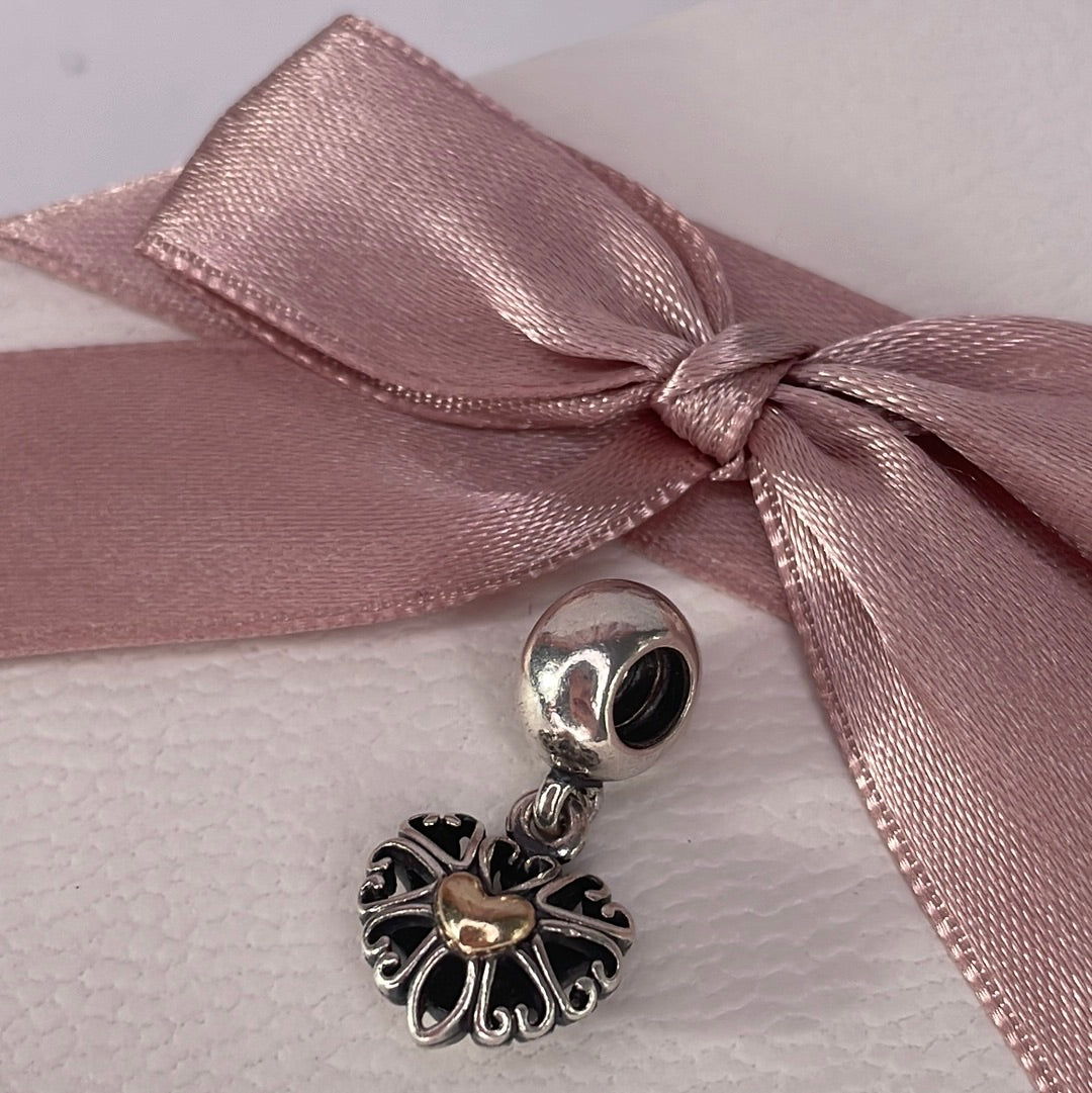 Genuine Pandora Vintage Heart Two Tone Openwork Charm Dangle