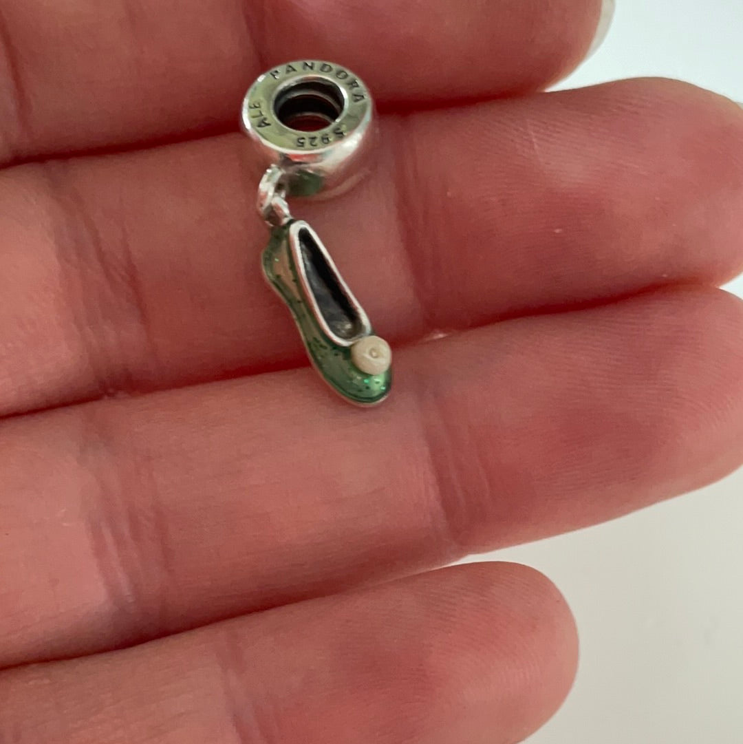 Genuine Pandora Disney Tinkerbell Green Enamel Pearl Slipper Dangle Charm