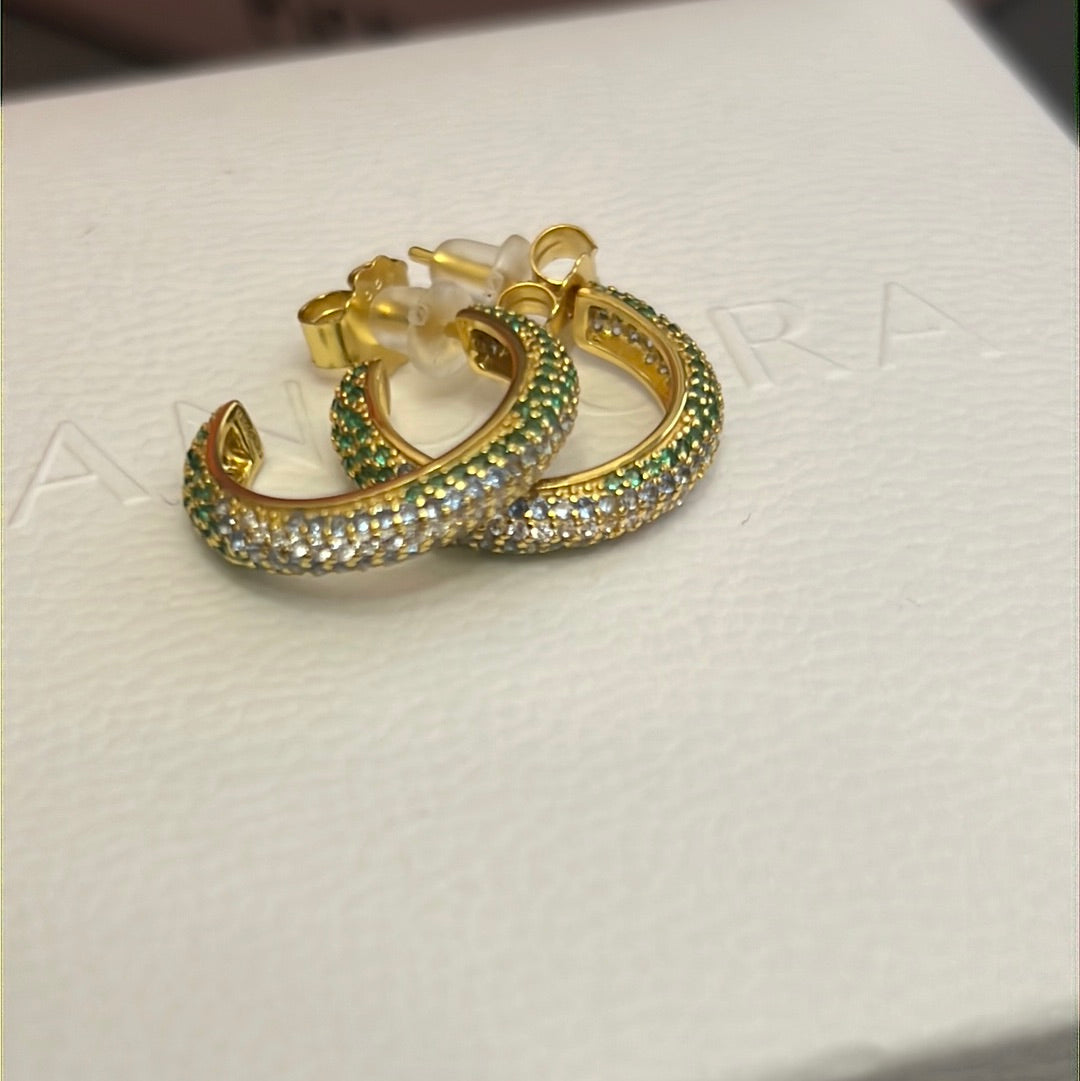Sterling Silver Gold Plated Hoop Earrings in Pave Clear and Green Stones