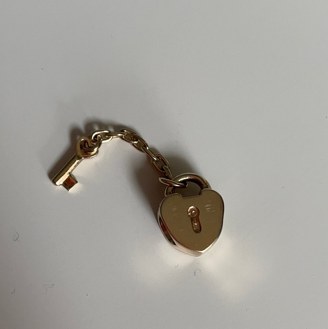 Genuine Pandora Solid 14ct Gold Follow Your Heart Padlock and Key Dangle Charm HTF