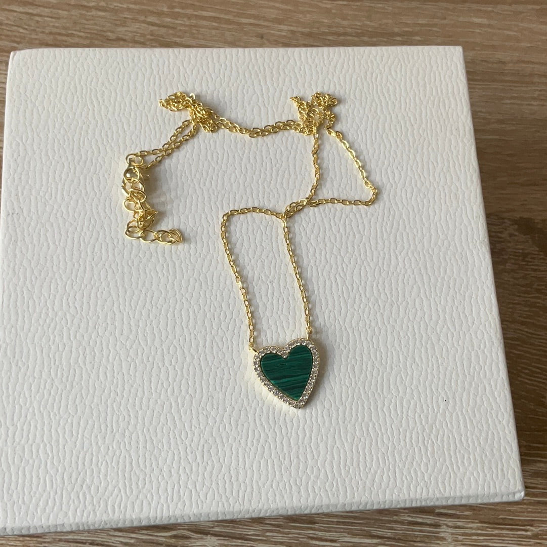 Brand New Pave & Green Stone Heart Sterling Silver Gold Plated Necklace 50cm