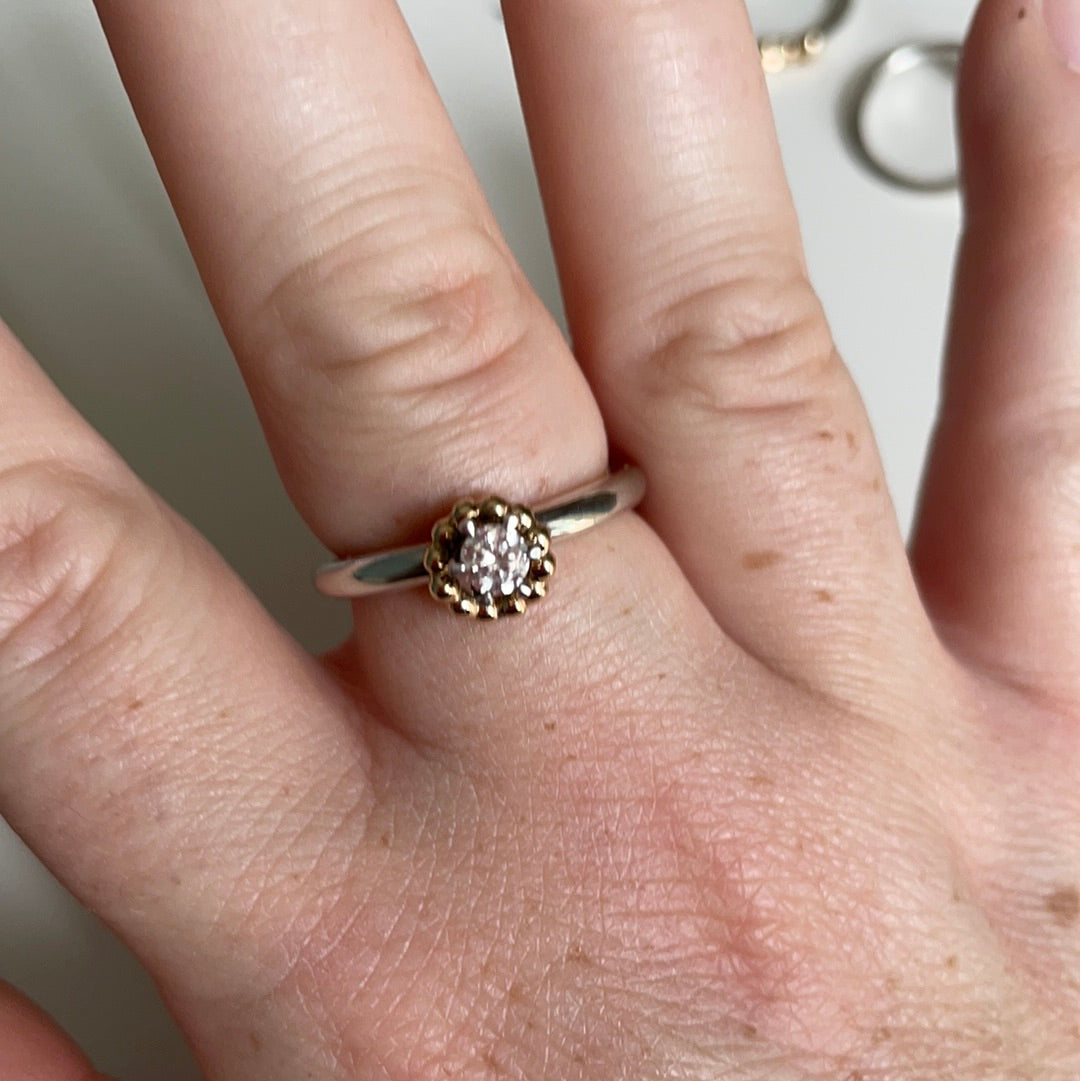 Pandora VERY RARE Vintage Clear Stone Oxidised Ring Rare with 14K Beaded Gold Hoop Circle