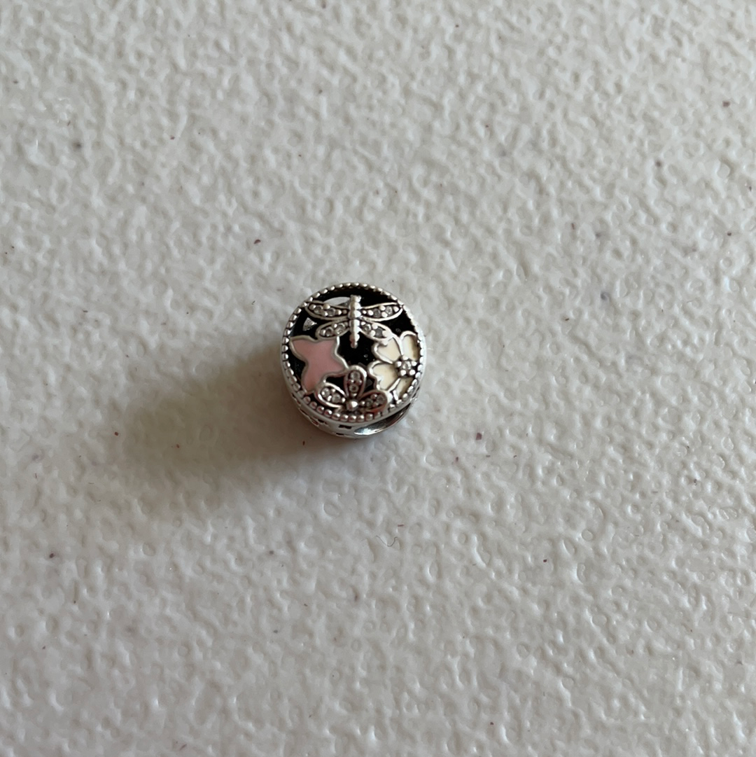 Genuine Pandora Dragon Fly Pave Flower Cream Enamel Open work Charm