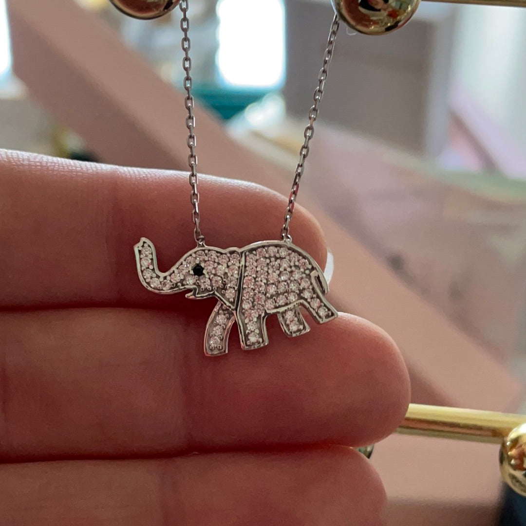 Brand New Pave CZ Sterling Silver Elephant Animal Necklace