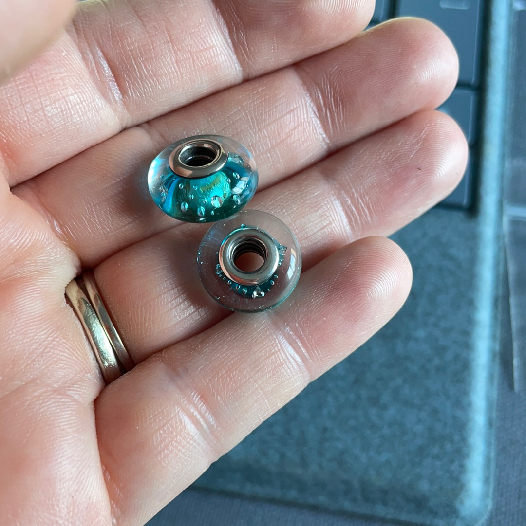 Pandora (?) PLEASE READ Faceted Murano Blue Turquoise With Bubbles Charm x2