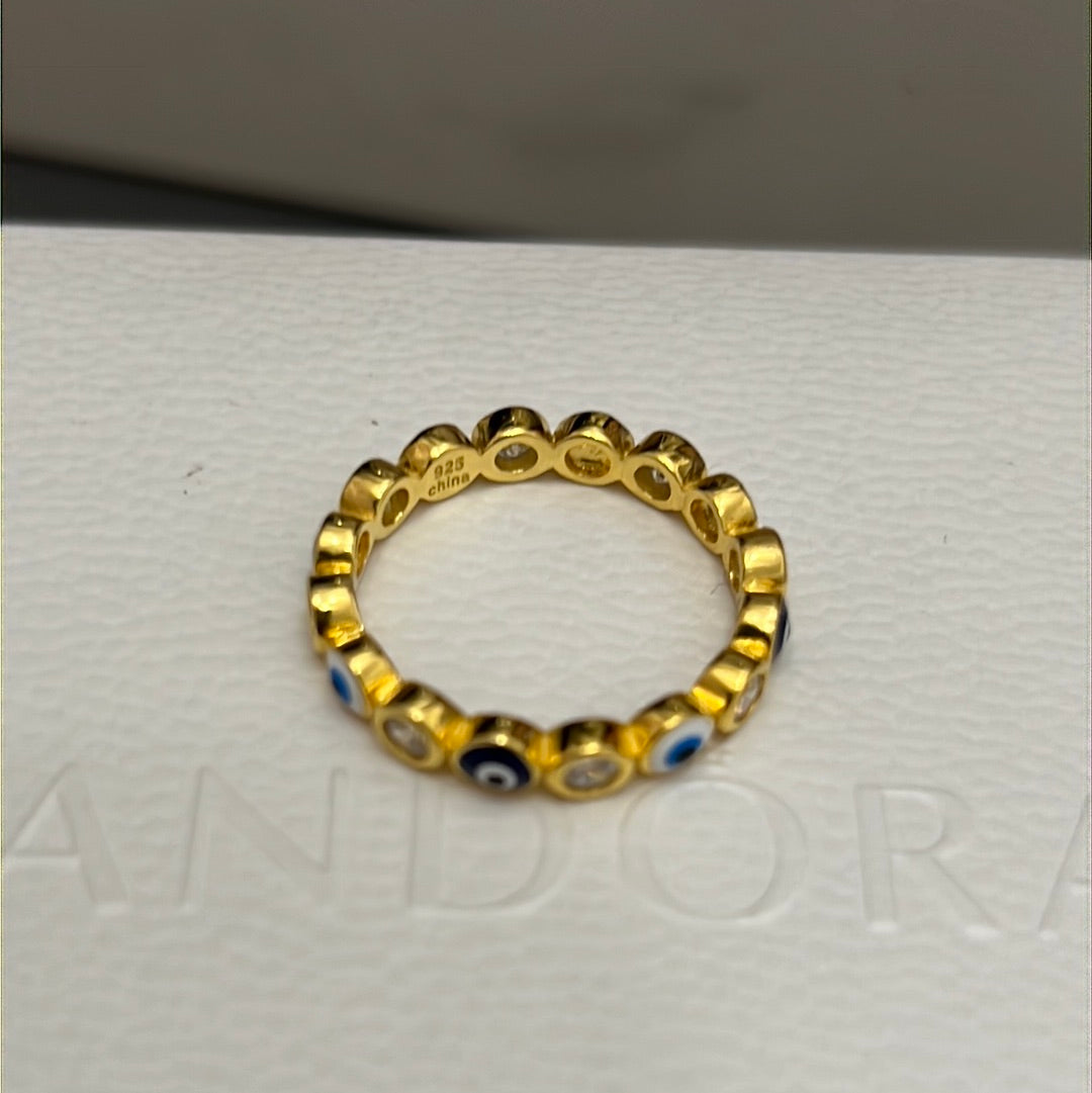 Sterling Silver Gold Plated Enamel and CZ Lucky Evil Eye Ring Ring Size 58