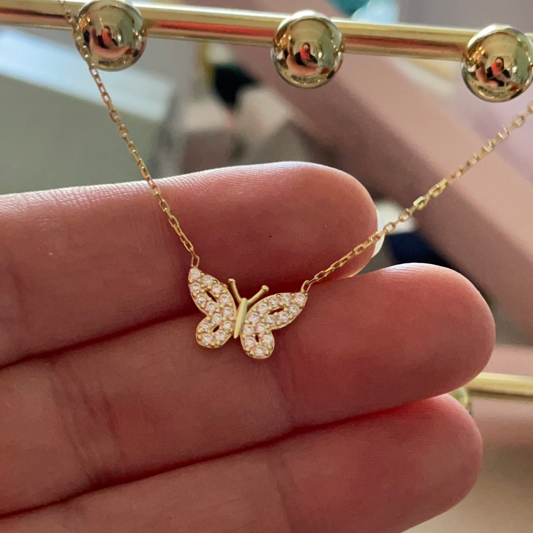 Brand New Pave CZ Gold Plated Openwork Butterfly Protection Sterling Silver Necklace